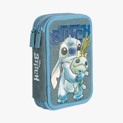 Cartuchera Rígida Mooving 2 Pisos Doble Cierre Tela Relieve Disney Stitch